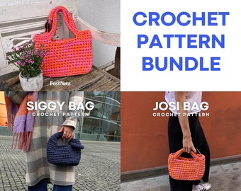 3 PATTERN BUNDLE - Josi, Siggy and Tote Bag Crochet Pattern, Tshirt Yarn, English PDF Documents | Festnetz Bags