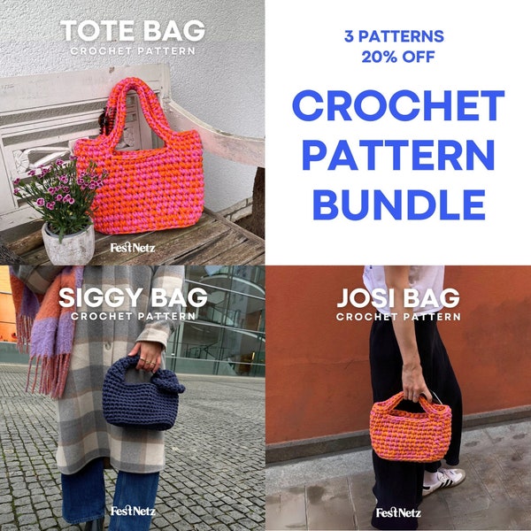 LOT DE 3 MOTIFS - 1 sac cabas et 2 petits sacs à main au crochet, fil pour tshirt, document PDF en anglais - Sacs Festnetz