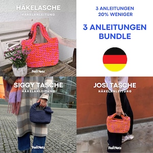3 ANLEITUNGEN BUNDLE - Josi, Siggy und Große Häkeltasche, Häkelanleitung, T-Shirt Garn, Deutsches Pdf Dokument - Festnetz Taschen