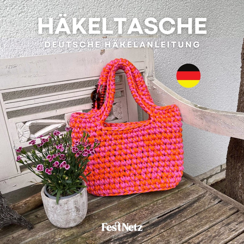 GROßE TASCHE Kleine Handtasche Häkelanleitung, T-Shirt Garn, Deutsches Pdf Dokument Festnetz Taschen image 1