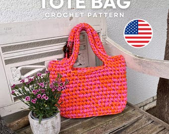 TOTE BAG | Chunky Small Handbag Crochet Pattern, Tshirt Yarn, English PDF Document | Festnetz Bags