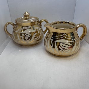 Antigo creme e açucareiro Gibson&#39;s Staffordshire England W206 dourado e creme com brilho