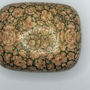 Pink floral trinket box with gold and black, lacquered