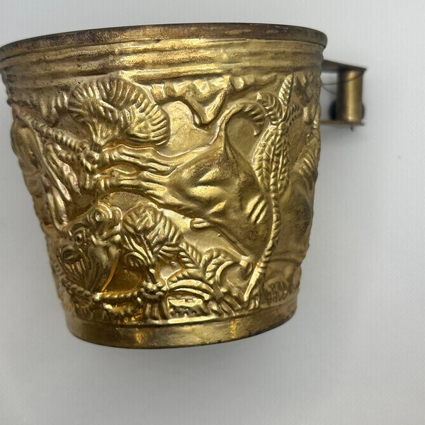 Vintage Vapheio Greek Gold Metal Cup Museum Replica Repro Relief Bulls