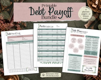Ensemble de planification de remboursement de dettes à imprimer | Suivi des dettes, journal de paiement et tableau de remboursement | PDF de 6 pages