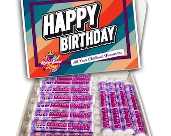 Birthday Gift Box with Swizzles Parma Violets Happy Birthday Gift Box Personalised Sweets Retro Hamper Present