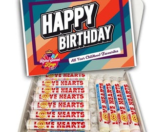 Birthday Gift Box with Swizzles Love Hearts Happy Birthday Gift Box Personalised Sweets Retro Hamper Present