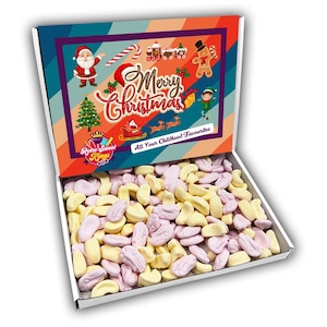 Foam Shrimps and Bananas Merry Christmas Gift Box Personalised Sweets Retro Hamper Present