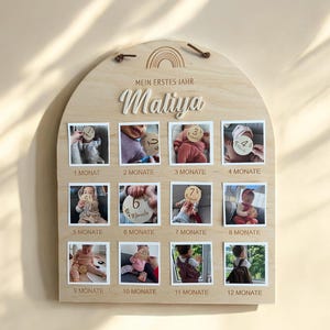 Meilensteintafel mein erstes Jahr, Monatstafel Bilder, Meilensteine, Holzbilderrahmen, Geschenk zur Geburt 1. Geburtstag, Kinderzimmerdeko