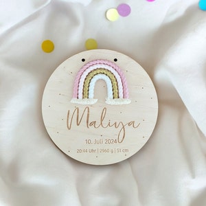 Geburtsschild Geschenk Baby, Regenbogen Makramee,Namensschild Geburt Babyzimmer, Deko Kinderzimmer, Geburtstafel mit Name