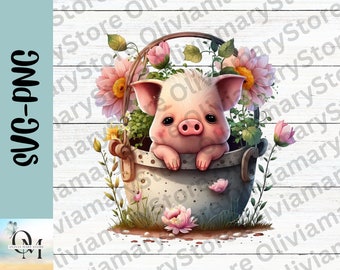 Pig with Flowers Svg, Pig Clipart, Farm ClipArt, Pig Png, Cute Pig, Pig in Bucket, Bloom Pig Svg, Sublimation, Watercolour, Digital Download