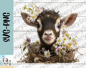 Cute Goat Png, Baby Goat Clip Art, Goat Clipart, Farm Animal Svg, Goat with Flowers, Baby Goat, Goat Sublimation, Goat Png, Digital Download