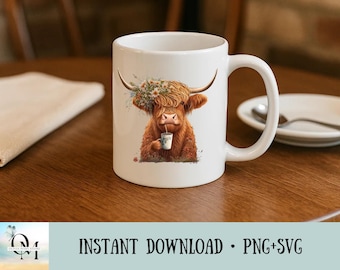 Highland Cow Coffee Clipart – Cute Farm Animal Drink Design – PNG & SVG Digital Download
