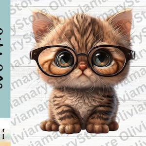 Cute Kitten Svg, Cat Clipart, Cat with Glasses, Cat Clip Art, Cat Images, Instant Download, Cat Sublimation, Cat Png, Transparent Background
