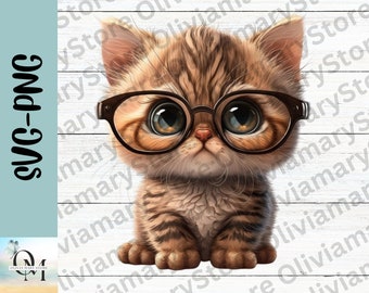 Cute Kitten Svg, Cat Clipart, Cat with Glasses, Cat Clip Art, Cat Images, Instant Download, Cat Sublimation, Cat Png, Transparent Background