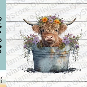 Highland Cow PNG, Watercolor, SVG, Floral Cow, Bloom Cow, Highland Cow in Metal Tub, Cow Sublimation, Highland Cow Clipart, Instant Download