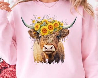 Highland Cow with Sunflowers PNG SVG Sublimation Design (Digital Download)