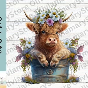 Highland Cow PNG, Bloom Cow SVG, Sublimation, Adorable and Cute Longhaired Cow Clipart, Digital Download.