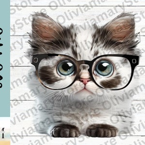 Cat with Glasses, Watercolor Cat, Cat Images, Cat Svg File, Transparent Background, Cat Png, Cat Clipart, Cat Sublimation, Instant Download.