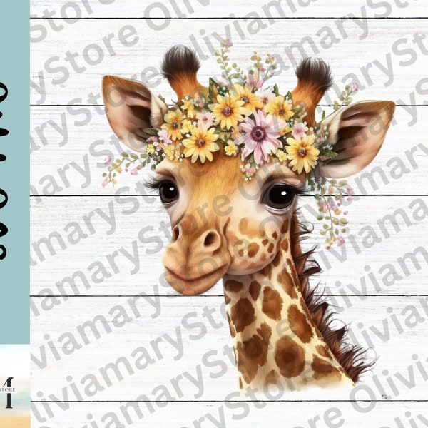 Watercolor Giraffe with Flowers Png, Cute Giraffe Clipart, Sublimation Designs, Floral Giraffe Svg, Transparent Background, Digital download
