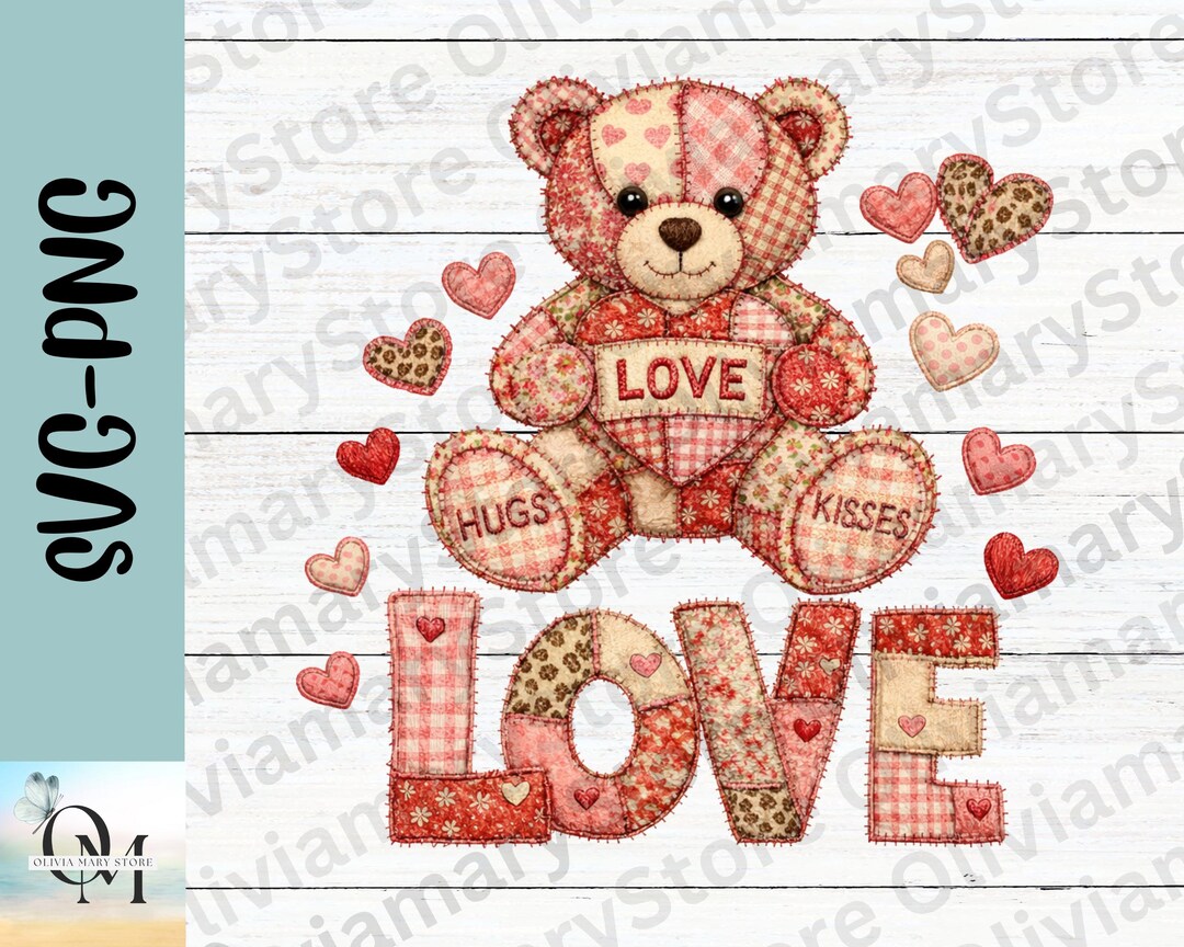 Quilted Love Heart Bear PNG, Patchwork Teddy Bear PNG, Valentine Hugs ...