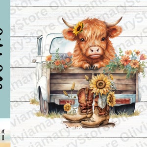 Highland cow PNG, Rustic Pickup Truck Png, Farm Clipart for Sublimation, Western Clipart, Cowboy Boot, Barn Sunflowers SVG, Digital Download