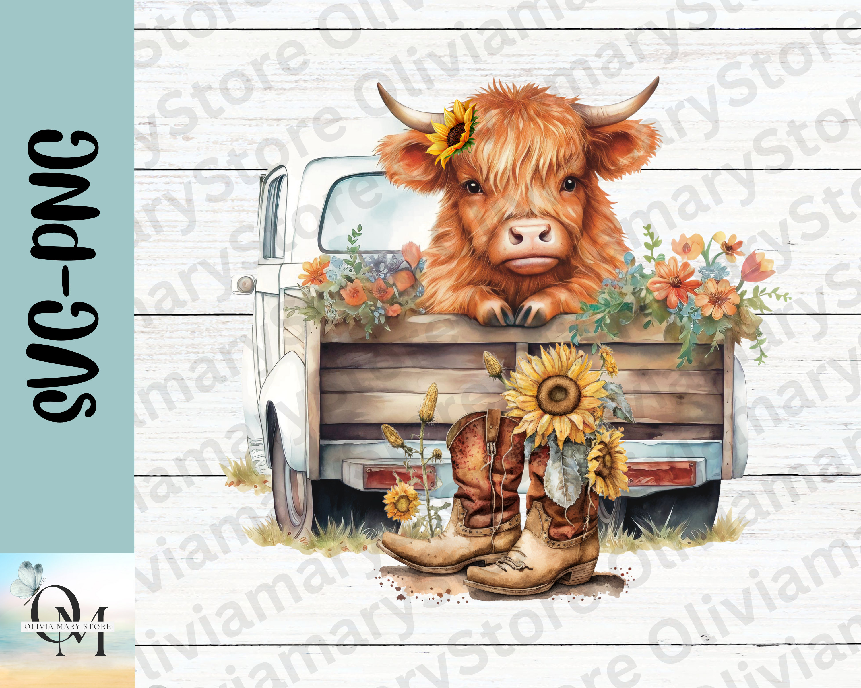 Highland cow PNG, Rustic Pickup Truck Png, Farm Clipart for Sublimation, Western Clipart, Cowboy Boot, Barn Sunflowers SVG, Digital Download