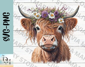 Highland Cow PNG, Cow with Flowers SVG, Cute Highland Cow Sublimation, Highland Cow Clipart, Instant Download.