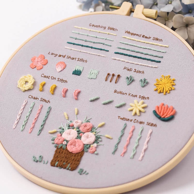 May include: A close-up of a light purple embroidery hoop with a variety of embroidery stitches, including a chain stitch, a bullion knot stitch, a whipped back stitch, a long and short stitch, a cast on stitch, a couching stitch, a twisted chain stitch, and a pistil stitch. The hoop also features a small embroidered flower bouquet in a brown basket.