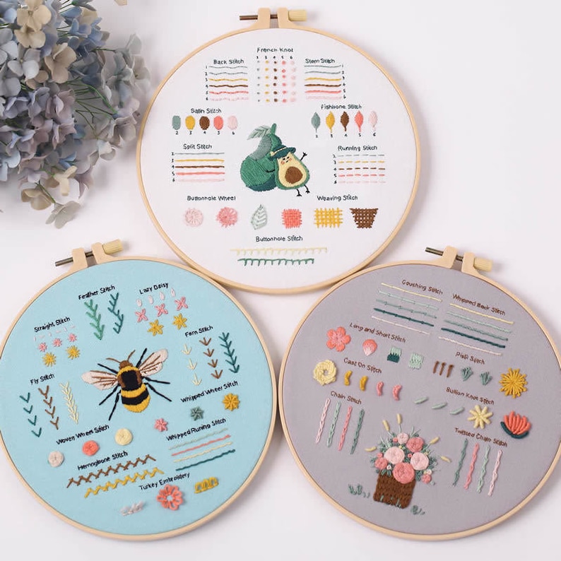 May include: Three embroidery hoops with different colored fabric and embroidery designs. The first hoop has a light blue fabric with a bee and flowers embroidered on it. The second hoop has a light gray fabric with a bouquet of flowers embroidered on it. The third hoop has a white fabric with an avocado and leaves embroidered on it. The hoops are labeled with different embroidery stitches.