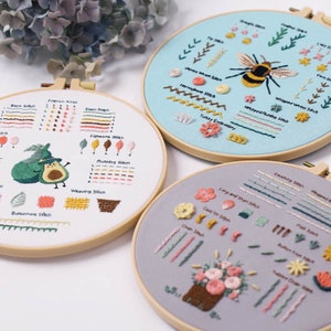 May include: Three embroidery hoops with different designs and stitch types. The first hoop features a green avocado with a witch's hat, the second hoop features a bee with flowers and leaves, and the third hoop features a bouquet of flowers in a basket.