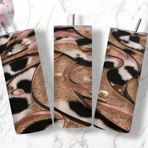 Cow print tan glitter tumbler wrap png design western black and white cowhide print sparkle 20 oz skinny tumbler straight digital wrap