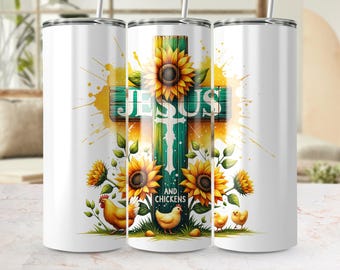 Jesus och kycklingar PNG, digital design för kycklingälskare, lantflicka som älskar kycklingar, köksinredning i lantlig stil, sublimeringsdesign för solrosor
