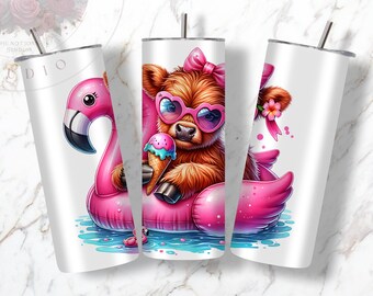 Highland Cow Flamingo PNG, Summer Highland Cow Clipart, Heifer Cow png, Sublimation Design, Digital Download PNG