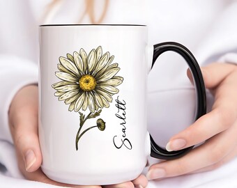 Anpassad Daisy April Birth Flower-mugg, personlig kaffekopp, aprilfödelsedagspresent, mugg till henne, vårpresent, julklapp till aprilfödd