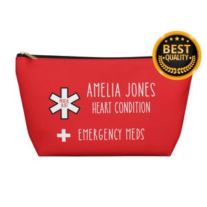 Medical Alert Heart Condition Emergency Meds kit, Personalized Medication Organizer Bag with Name, Custom Travel Pill Case, Health Storage