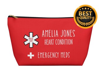 Medical Alert Heart Condition Emergency Meds kit, Personalized Medication Organizer Bag with Name, Custom Travel Pill Case, Health Storage