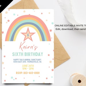 Rainbow Birthday Invitation for Girls,  Star Modern/Boho Rainbow, Fun Girls Birthday Invitation Template, Editable Printable Download