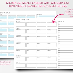 Minimalist Weekly Meal Planner with Grocery List Printable and Fillable Template, Meal Prep, Food Diary, Diet Plan, Health and Fitness Plan