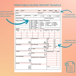 Printable Nurse Report Sheet Bundle, Nurse Sheet, Nurse Brain, Med Surg, Report Sheet Nurse, ICU Nurses Report Sheet, Nurse Report