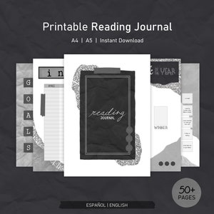 B & W Lese Journal Printable, Leseplaner, Buch Tracker, Leselog, Lesechallenge, Buchkritiken, schwarz und weiß, A4/A5 ENGLISCH