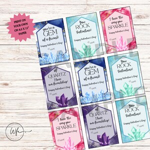 Puede incluir: Nueve tarjetas de San Valentín imprimibles con fondos de acuarela coloridos con diseños de cristales y texto que dice "¡Eres una joya de amigo!" "¡Eres un rock de San Valentín!" "¡Me encanta la forma en que brillan!" y "¡De cuarzo, me encanta nuestra amistad!"