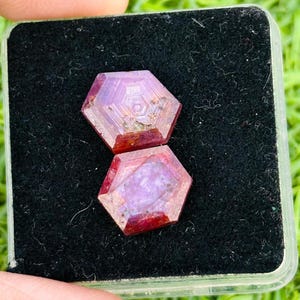 Può includere: Due gemme esagonali sfaccettate, di un colore rosso intenso, esposte su una superficie di velluto nero all'interno di un astuccio di plastica trasparente. Le gemme presentano intricati motivi interni.