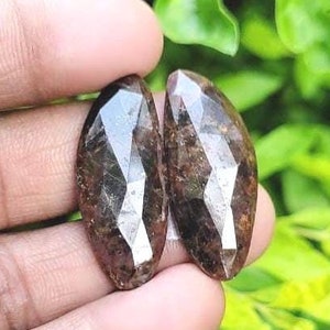 Può includere: Due cabochon di pietra preziosa sfaccettati di colore marrone, ciascuno con una forma ovale appuntita, sono tenuti in una mano. Le pietre hanno un colore marrone scuro con una leggera sfumatura rossastra.