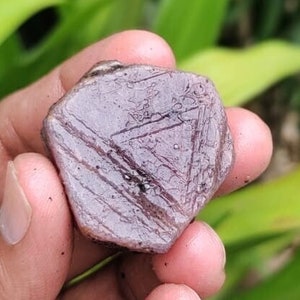 May include: A dark purple gemstone with striations and a rough, faceted surface.