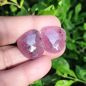 May include: Two pink and purple gemstone cabochons with a faceted cut. The stones are held in a hand against a green leafy background.