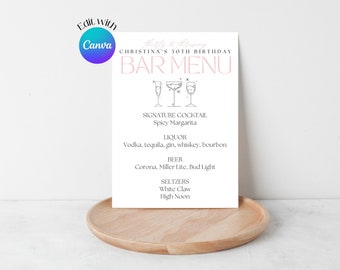 30th Birthday Bar Menu Template, Custom Printable Drink Menu (Canva Editable Instant Digital Download)