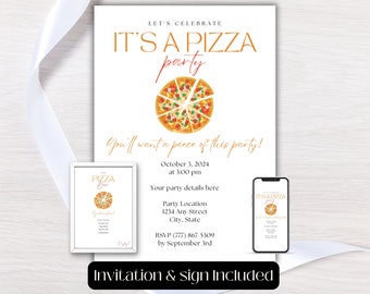 Peut inclure: Une invitation imprimable pour une fête sur le thème de la pizza. L'invitation présente une illustration aquarelle d'une pizza avec le texte "C'est une fête de la pizza !" et des détails pour la fête, y compris la date, l'heure, le lieu et les informations RSVP.