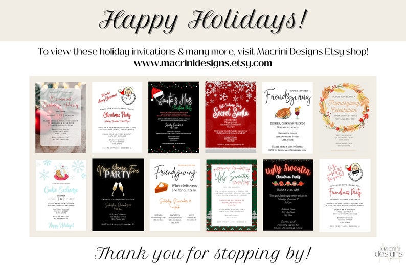 Additional winter holiday invitations displayed available at Macrini Designs Etsy shop.