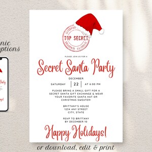 Secret Santa party invitation with white background, black font and red titles featuring Santa hat and "top secret" logo. Displayed as a printable invitation or electronic invitation sent on a mobile phone.